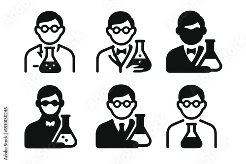 Flask Logo Variations. Flasks. Icon set. Set Logo of flasks: scientist holding flask. harmonious logo variations of the same emblematic concept, each with