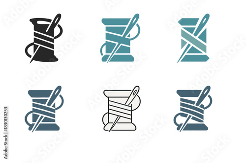Stitch Logo Variations. Stitch. Icon set. Set Logo of stitch: thread spool and needle. harmonious logo variations of the same emblematic concept, each with
