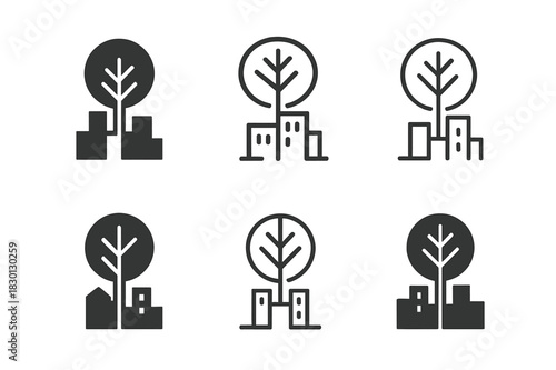 Urban Renewal Icons. Urban Renewable Projects. Icon set. Set Logo of Urban Renewable Projects: tree integrated into city block. harmonious logo variations of