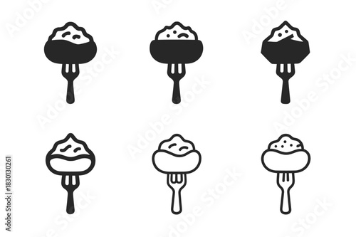 Stuffed Potato Icons. Stuffed potatoes. Icon set. Set Logo of stuffed potatoes: stuffed potato with fork. harmonious logo variations of the same emblematic