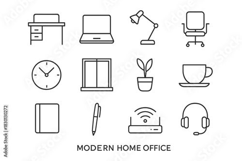 Modern Home Office Icons. Modern Home Office. Line icon set of Modern Home Office: desk, laptop, lamp, chair, clock, window, plant, coffee cup, notebook, pen,
