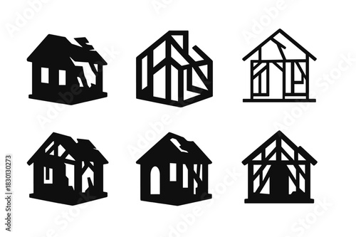 Abandoned House Icons. Dilapidated house with no sign of life. Icon set. Set Logo of abandoned home: skeletal frame. harmonious logo variations of the same
