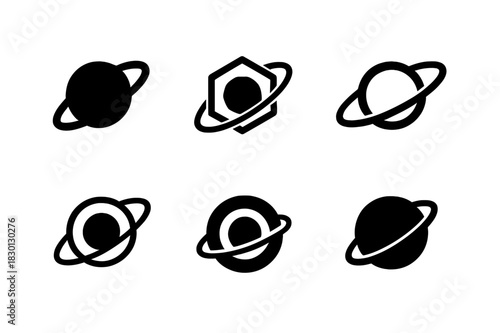 Planetary Orbit Logos. Planetary orbits. Icon set. Set Logo of planetary orbits: orbit rings around planet. harmonious logo variations of the same emblematic