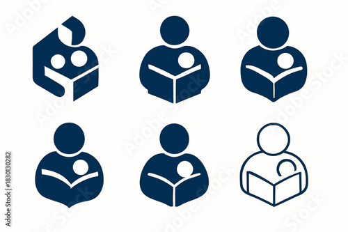 Childcare Icon Set. Childcare and parenting solutions. Icon set. Set Logo of childcare and parenting solutions: Parent reading to child. harmonious logo