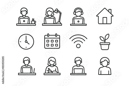 Home Office Icons. People Working from Home. Line icon set of People Working from Home: laptop, desk, chair, coffee cup, notebook, lamp, house,