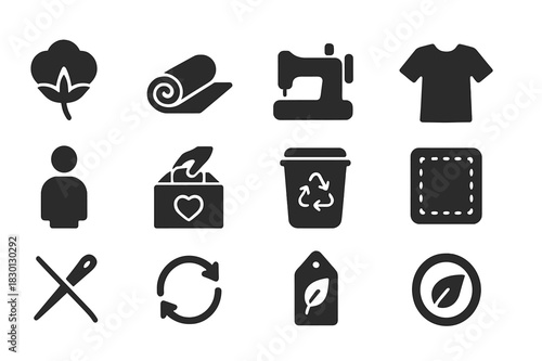 Fashion Lifecycle Icons. Fashion lifecycle. Solid icon set of Fashion lifecycle: raw material, fabric roll, sewing machine, garment, consumer, donation,