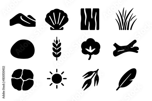 Natural Tones Icons Set. Natural tones. Solid icon set of Natural tones: sand dune, seashell, tree bark, dry grass, soft stone, wheat field, cotton plant,