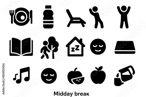 Midday Break Icons. Midday break. Solid icon set of Midday break: lunch plate, water bottle, rest chair, light stretch, open book, nature walk, quiet room,