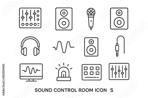 Sound Control Icons. Sound control room. Line icon set of sound control room: mixing console, monitor, microphone, headset, waveform, speaker, computer screen,