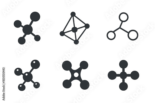Diverse Molecule Logos. Molecules. Icon set. Set Logo of molecules: chemical network diagram. harmonious logo variations of the same emblematic concept, each