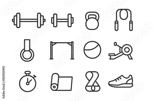 Gym Equipment Icons. Gym equipment. Line icon set of gym equipment: barbell, dumbbell, kettlebell, jump rope, gym ring, pull-up bar, medicine ball, rowing