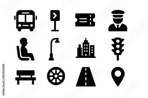 Public Transit Icons. Public Transit. Solid icon set of Public Transit: bus, route sign, ticket, driver, passenger, street, city skyline, traffic light, bench,