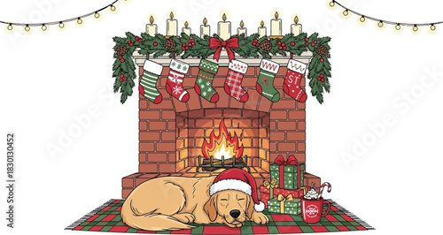 Golden retriever puppy sleeping by the fireplace isolated on white background