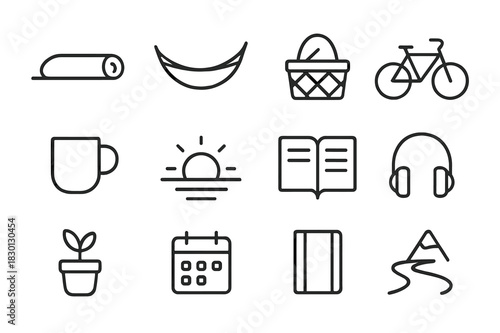 Work-Life Balance Icons. Work-Life Balance. Line icon set of Work-Life Balance: yoga mat, hammock, picnic basket, bicycle, coffee mug, sunset, open notebook,