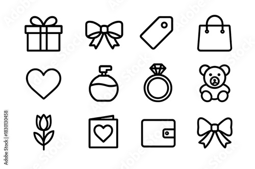 Gift Shopping Icons. Gift shopping. Line icon set of gift shopping: gift box, ribbon, tag, bag, heart, perfume bottle, jewelry, toy, flower, card, wallet, bow.