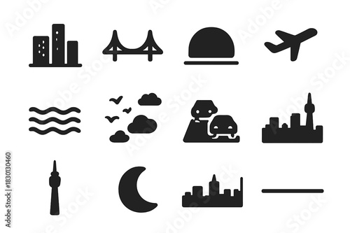 City Skyline Icons. Skyline Horizon. Solid icon set of Skyline Horizon: tall buildings, bridge, sun, plane, river, birds, clouds, car lights, city silhouette,