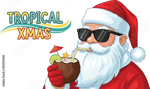 Santa claus with sunglasses drinking coconut cocktail isolated on white background