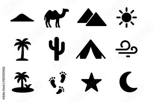 Sahara Icon Set. Sahara Desert. Solid icon set of Sahara Desert: dune, camel, pyramid, sun, palm, cactus, tent, wind swirl, oasis, footprints, star, moon.