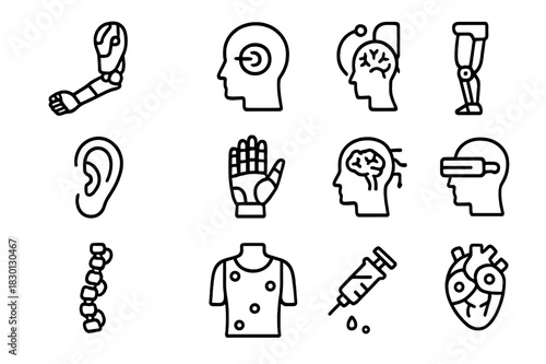 Augmented Human Icons. Augmented Humans. Line icon set of Augmented Humans: cybernetic arm, bionic eye, neural implant, exoskeleton leg, enhanced hearing