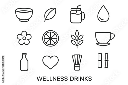 Wellness Drink Icons. Wellness Drinks. Line icon set of Wellness Drinks: matcha bowl, green leaf, smoothie jar, straw, droplet, flower, citrus slice, herb, tea
