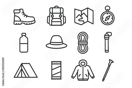 Hiking Essentials Icon Set. Hiking Essentials. Line icon set of Hiking Essentials: boots, backpack, map, compass, water bottle, hat, rope, flashlight, tent,