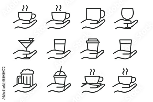 Handheld Beverage Icons. Holding Beverages. Line icon set of Holding Beverages: hand holding coffee cup, hand holding tea cup, hand holding mug, hand holding