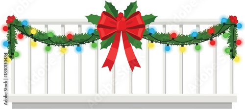 Balcony decorated for christmas isolated on white background with garland lights