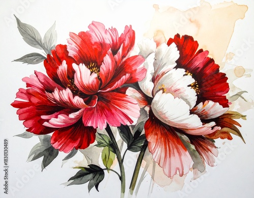 紅白の花の絵画、お祝いの花、思いを伝えるプレゼント