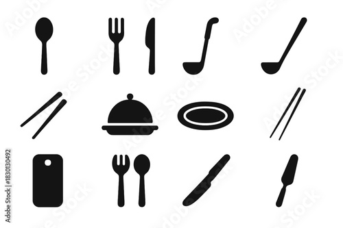 Serving Tools Icon Set. Serving tools. Solid icon set of Serving tools: spoon, fork, knife, ladle, tongs, serving tray, platter, chopsticks, cutting board,