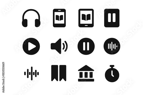Audiobook Tool Icons. Audiobook tools. Solid icon set of Audiobook tools: headphones, phone, tablet, play button, speaker, pause button, sound wave, bookmarks,