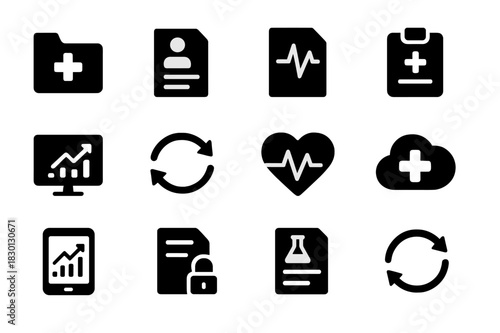 EHR Icon Set. Electronic health records. Solid icon set of Electronic health records: medical file, patient profile, health graph, digital clipboard, EHR