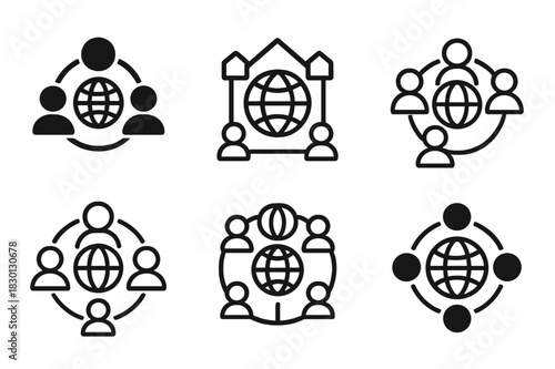Global Meeting Icons. Virtual meetings with global team members. Icon set. Set Logo of virtual meeting: connection lines between people icons. harmonious logo
