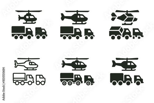 Military Convoy Logos. Military convoy. Icon set. Set Logo of military convoy: Helicopter escort over trucks. harmonious logo variations of the same emblematic
