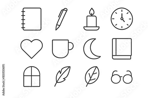 Journaling Icon Set. Journaling practice. Line icon set of journaling practice: notebook, pen, candle, clock, heart, cup, moon, book, window, feather, leaf,