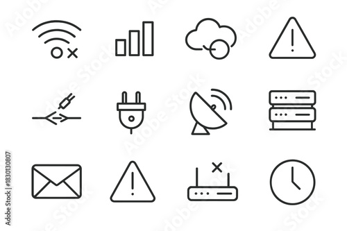 Lost Connection Icons. Lost connection. Line icon set of lost connection: wifi symbol with x, phone signal bar, cloud disconnect, warning triangle, wire cut,