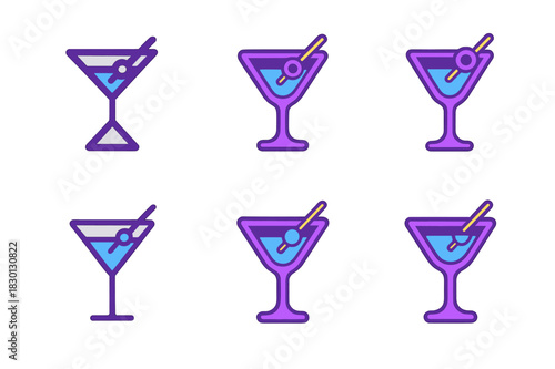 Neon Martini Icon Set. Home bar and entertainment area design. Icon set. Set Logo of home bar and entertainment area design: Neon-style martini icon.
