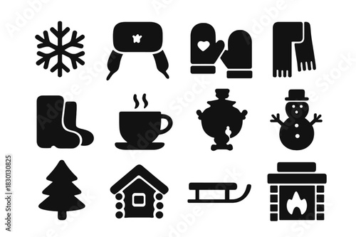 Russian Winter Icons. Russian Winter. Solid icon set of Russian Winter: snowflake, fur hat, mittens, scarf, boots, hot tea, samovar, snowman, pine tree, cabin,