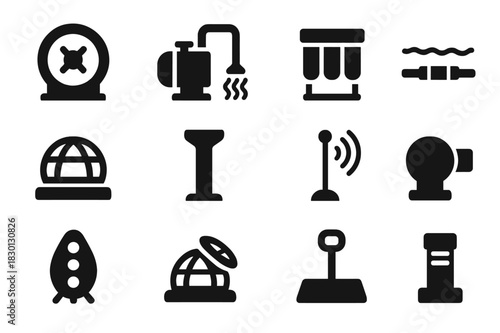 Aquatic Infrastructure Icons. Aquatic infrastructure. Solid icon set of Aquatic infrastructure: airlock, water pump, filtration unit, sea cable, habitat dome,