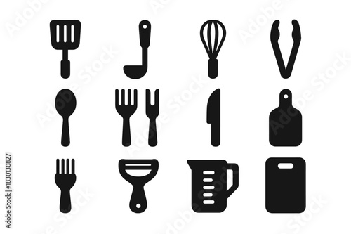 Black Kitchen Utensils. Kitchen utensils. Solid icon set of Kitchen utensils: spatula, ladle, whisk, tongs, spoon, fork, knife, slotted spoon, brush, peeler,