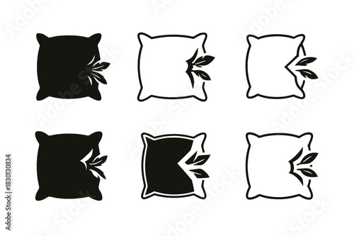 Ragged Pillow Logos. Ragged pillow. Icon set. Set Logo of ragged pillow: open seam with feathers. harmonious logo variations of the same emblematic concept,