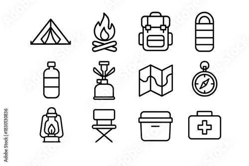Camping Gear Icons. Camping & Base Setup. Line icon set of Camping & Base Setup: tent, campfire, backpack, sleeping bag, water bottle, stove, map, compass,