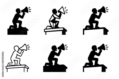 Rooftop Protest Icon Variations. Activist on rooftop. Icon set. Set Logo of activist on rooftop: Silhouette shouting with megaphone. harmonious logo variations