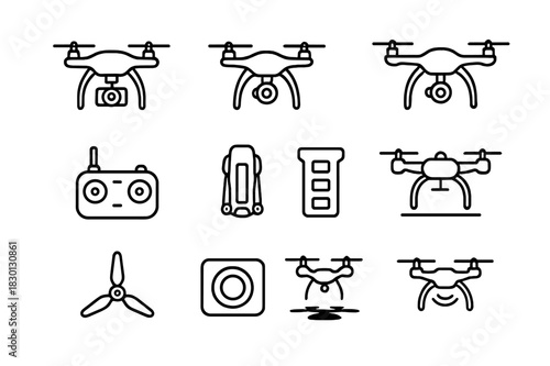 Professional Drone Icons. Professional Drones. Line icon set of Professional Drones: drone with gimbal, camera drone, quadcopter, drone in flight, drone