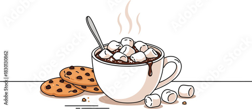 Hot chocolate with marshmallows and cookies isolated on white background