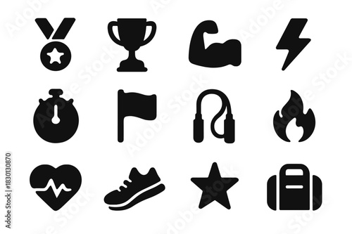 Sports Motivation Icons. Sports motivation. Solid icon set of sports motivation: medal, trophy, muscle arm, lightning bolt, stopwatch, goal flag, jump rope,
