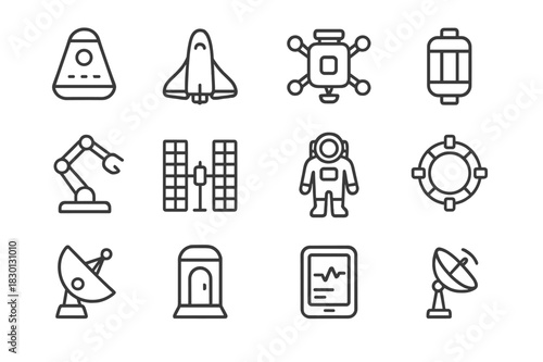 Space Station Icons. Space station vehicles. Line icon set of space station vehicles: capsule, shuttle, maintenance drone, cargo module, robotic arm, solar