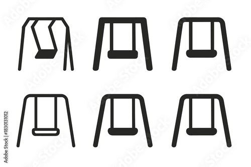 Swing Logo Variations. Swinging on playground. Icon set. Set Logo of swinging on playground: Top bar with dangling swing. harmonious logo variations of the