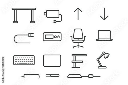 Height Adjustable Desk Icons. Height adjustable desks. Line icon set of height adjustable desks: desk frame, motor, up arrow, down arrow, cable, display panel,