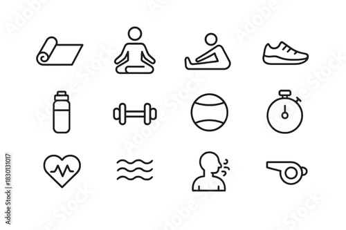 Athletic Mindfulness Icons. Athletic Mindfulness. Line icon set of Athletic Mindfulness: yoga mat, meditation pose, stretching, running shoes, water bottle,