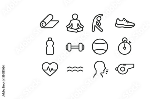 Athletic Mindfulness Icons. Athletic Mindfulness. Line icon set of Athletic Mindfulness: yoga mat, meditation pose, stretching, running shoes, water bottle,